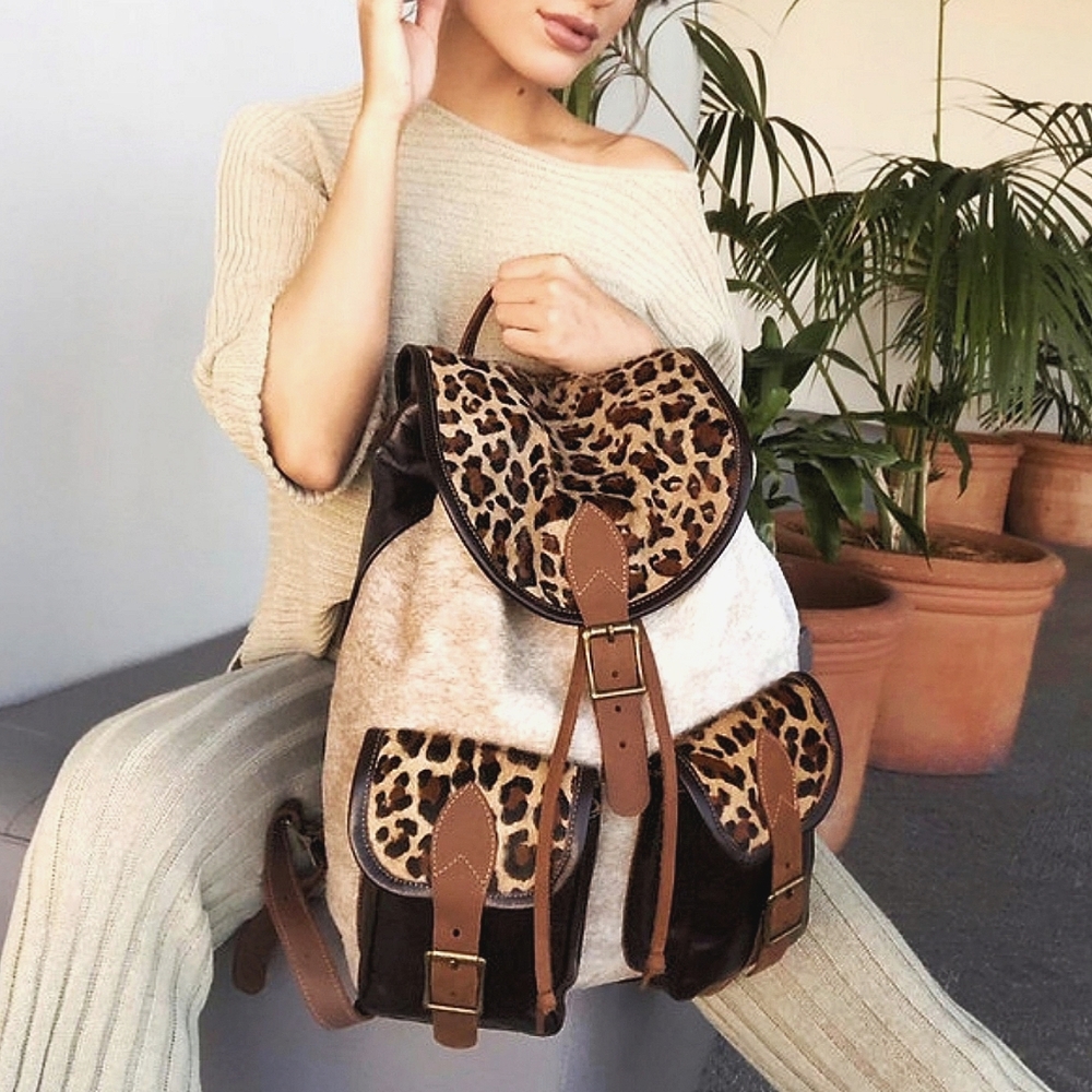 Leather Back Pack Unisex Large Two Tone Animal Print Genuine Cow Hide Fur